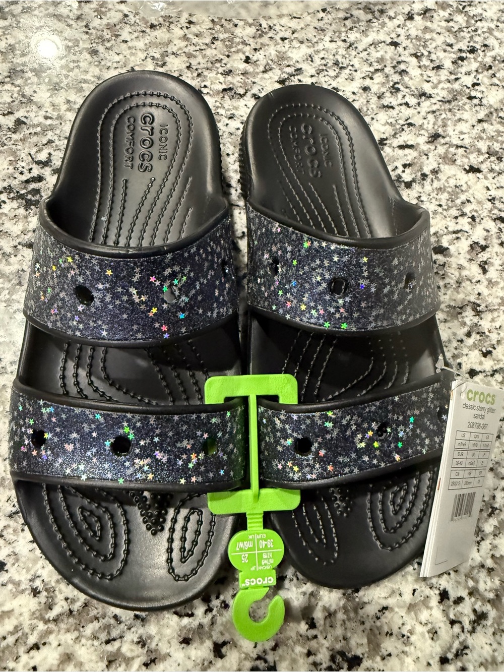 CROCS Black Glitter Star Dual-Strap Slide Sandals